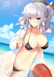 Rule 34 | 10s, 1girl, alternate costume, beach, beret, bikini, black bikini, blue eyes, blue sky, blurry, blush, breasts, cleavage, cloud, cloudy sky, collarbone, covered erect nipples, day, depth of field, dress shirt, dutch angle, fingernails, hair between eyes, hat, highres, hip focus, holding, innertube, kantai collection, kashima (kancolle), large breasts, lens flare, light particles, light smile, long fingernails, looking at viewer, mirea, navel, ocean, outdoors, revision, see-through, shirt, silver hair, sky, smile, solo, sun, sunlight, swim ring, swimsuit, twintails, unbuttoned, unbuttoned shirt, wavy hair, wet, wet clothes, white shirt