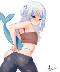 Rule 34 | 1girl, absurdres, amidasketchbook, artist name, ass, blue eyes, blue hair, blush, breasts, butt crack, crop top, denim, fins, fish tail, gawr gura, highres, hololive, hololive english, jeans, long hair, looking at viewer, pants, shark girl, shark tail, small breasts, smile, solo, tail, thighs, thong, virtual youtuber, white background, white hair