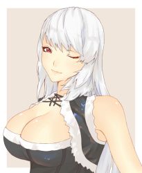 Rule 34 | 10s, 1girl, bad id, bad pixiv id, blade &amp; soul, breasts, character request, cleavage, highres, large breasts, lips, long hair, one eye closed, red eyes, silver hair, solo, wink, x&amp;x&amp;x