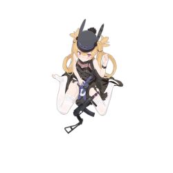 Rule 34 | 1girl, black dress, black footwear, black scarf, blonde hair, blush, candy, covering privates, covering crotch, damaged, dress, food, full body, garter straps, girls&#039; frontline, gun, hair between eyes, hair ornament, hat, lollipop, long hair, looking at viewer, official alternate costume, official art, pandegg, scarf, shoes, sitting, sleeveless, sleeveless dress, solo, sr-3mp (bunny macchiato) (girls&#039; frontline), sr-3mp (girls&#039; frontline), stuffed animal, stuffed rabbit, stuffed toy, thighhighs, transparent background, twintails, very long hair, wariza, weapon, white thighhighs