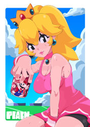 Rule 34 | 1girl, absurdres, adapted costume, alternate eye color, bare shoulders, between legs, bike shorts, black eyes, blonde hair, blue gemstone, blush, border, breasts, can, character name, choker, cleavage, closed mouth, collarbone, crown, dress, drink can, earrings, eyelashes, from side, gem, hand between legs, highres, holding, holding can, incoming drink, jewelry, large breasts, leaning forward, lips, looking at viewer, mario, mario (series), mario tennis, mario tennis aces, medium hair, nintendo, pendant choker, pic-kle, pink choker, pink dress, pink lips, pink wristband, ponytail, princess peach, short dress, sideboob, sitting, sleeveless, sleeveless dress, smile, soda can, solo, sphere earrings, sportswear, sweat, sweatband, tennis peach, thick eyebrows, white border, white wristband, wristband
