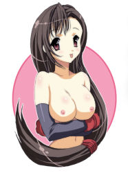 Rule 34 | 1990s (style), 1girl, blush, breasts, female focus, final fantasy, final fantasy vii, nipples, smile, solo, third-party edit, tifa lockhart, tongue, topless, white background