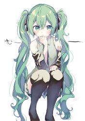 Rule 34 | 1girl, :t, bare shoulders, black footwear, black skirt, blush, boots, breasts, closed mouth, collared shirt, commentary, green eyes, green hair, green necktie, grey shirt, hair between eyes, hatsune miku, highres, long hair, looking at viewer, necktie, pleated skirt, pout, shirt, simple background, skirt, sleeveless, sleeveless shirt, small breasts, sofra, solo, squatting, thigh boots, translated, twintails, very long hair, vocaloid, white background