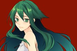 Rule 34 | 1girl, bare shoulders, closed mouth, dress, from side, green eyes, green hair, hair between eyes, kuwa ayase, long hair, matching hair/eyes, red background, saya (saya no uta), saya no uta, simple background, solo, sundress, upper body, white dress