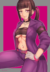 Rule 34 | 1girl, alternate hairstyle, armband, belt, black hair, blunt bangs, border, bracelet, breasts, chamame, choker, ear piercing, eyelashes, grey border, han juri, hand on own thigh, hand wraps, highres, jewelry, long coat, looking at viewer, multiple piercings, navel piercing, necklace, official alternate costume, open mouth, pants, piercing, pink background, ponytail, purple eyes, sarashi, sidelocks, sitting, smile, solo, street fighter, street fighter v, underboob