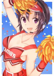 Rule 34 | 1girl, :d, breasts, brown hair, buckle, cheerleader, cleavage, collarbone, crop top, hair between eyes, headset, highres, idolmaster, idolmaster (classic), kikuchi makoto, looking at viewer, microphone, midriff, navel, open mouth, pleated skirt, pom pom (cheerleading), purple eyes, red skirt, short hair, skirt, sleeveless, small breasts, smile, solo, standing, stomach, suzumo70