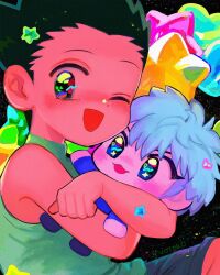 Rule 34 | 2boys, black hair, blush, child, gon freecss, heart, highres, holding, holding stuffed toy, hunter x hunter, iithosphere, killua zoldyck, looking at viewer, male focus, multiple boys, one eye closed, short hair, shorts, sleeveless, smile, spiked hair, star (symbol), stuffed toy, white hair