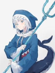 Rule 34 | 1girl, absurdres, animal hood, blue eyes, blue hair, blue hoodie, blunt bangs, blurry, closed mouth, commentary, fang, fins, fish tail, gawr gura, gawr gura (1st costume), hat, highres, holding, holding weapon, hololive, hololive english, hood, hood up, hoodie, light blush, long sleeves, looking at viewer, medium hair, multicolored hair, polearm, shark hood, shark tail, simple background, sleeves past wrists, slit pupils, smile, solo, streaked hair, tail, teraka1110, trident, upper body, virtual youtuber, weapon, white background, white hair