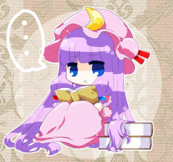 Rule 34 | ..., 1girl, :&lt;, blue eyes, book, book stack, chibi, crescent, hat, hina-uta, holding, holding book, light purple hair, long hair, looking at viewer, mob cap, patchouli knowledge, sidelocks, sitting, solo, touhou, very long hair