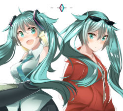 Rule 34 | 2girls, anniversary, aqua eyes, aqua hair, curly hair, detached sleeves, dual persona, expressionless, eyewear on head, green hair, hands in pockets, hatsune miku, headset, highres, iwai minato, jacket, long hair, looking at viewer, multiple girls, necktie, red jacket, simple background, sleeveless, smile, suna no wakusei (vocaloid), sunglasses, twintails, very long hair, vocaloid, white background