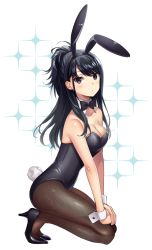 Rule 34 | 1girl, animal ears, bare arms, bare shoulders, black bow, black bowtie, black eyes, black footwear, black hair, black legwear, black leotard, bow, bowtie, breasts, cleavage, closed mouth, collarbone, commentary request, detached collar, dot mouth, dot nose, fake animal ears, fake tail, forehead, full body, hair behind ear, high heels, highleg, highleg leotard, idolmaster, idolmaster shiny colors, kazano hiori, leotard, long bangs, looking at viewer, medium breasts, mole, mole under mouth, omochimochi, own hands together, parted bangs, playboy bunny, rabbit tail, simple background, solo, sparkle, squatting, strapless, strapless leotard, tail, white background, wrist cuffs