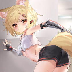Rule 34 | 1girl, animal ear fluff, animal ears, arknights, armpits, ass, bandaged arm, bandages, bare shoulders, bent over, black gloves, black shorts, blonde hair, blush, closed mouth, collarbone, crop top, ehart, fingerless gloves, fox ears, fox girl, fox tail, from behind, gloves, hair ornament, hairclip, highres, jewelry, looking at viewer, looking back, material growth, navel, necklace, notched ear, oripathy lesion (arknights), prosthesis, prosthetic arm, red eyes, scar, short hair, short shorts, shorts, single glove, solo, sweatdrop, tail, v-shaped eyebrows, vermeil (arknights)