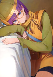 Rule 34 | 1girl, absurdres, blue eyes, breasts, chrono trigger, glasses, helmet, highres, long sleeves, looking at viewer, lucca ashtear, medium breasts, orange tunic, pouch, purple hair, rororo, short hair, smile, solo