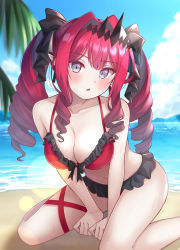 Rule 34 | 1girl, absurdres, bare shoulders, beach, bikini, blue sky, blush, breasts, cleavage, collarbone, curly hair, drill hair, earrings, baobhan sith (fate), fate/grand order, fate (series), grey eyes, highres, hoshino reiji, jewelry, large breasts, long hair, looking at viewer, navel, ocean, open mouth, pink hair, pointy ears, red bikini, shore, sidelocks, sitting, sky, solo, swimsuit, thighs, tiara, twin drills, twintails, wariza