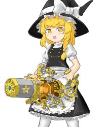 1girl :3 :d absurdres apron black_dress blonde_hair bow braid chinese_commentary commentary_request cowboy_shot deep_rock_galactic dress frilled_apron frills hair_bow hat hat_bow highres holding holding_weapon kirisame_marisa long_hair looking_at_viewer maid mini-hakkero mushroom open_mouth puffy_short_sleeves puffy_sleeves ribbon short_sleeves simple_background single_braid smile standing touhou v-shaped_eyebrows waist_apron weapon white_apron white_background white_bow white_ribbon witch_hat yellow_eyes yu_pai_lie_mo_ren