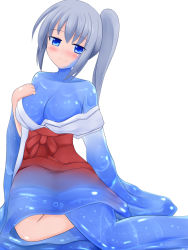 Rule 34 | blue eyes, breasts, cleavage, japanese clothes, monster girl, ponytail, rethnick, slime girl, sura shrine maiden, transformation