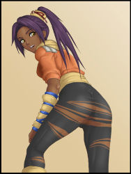 Rule 34 | 1girl, ass, bleach, censored, dark skin, dark-skinned female, female focus, from behind, leaning forward, long hair, looking back, no panties, ponytail, purple hair, pussy, shihouin yoruichi, solo, thor (deep rising), torn clothes, yellow eyes