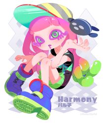 Rule 34 | 1girl, arms up, blonde hair, blush, boots, character name, clownfish, colored skin, donuttypd, fish, green eyes, green hair, green skirt, hands up, harmony&#039;s clownfish (splatoon), harmony (splatoon), hat, looking at viewer, multicolored hair, nintendo, open mouth, patterned background, pink hair, pink skin, purple footwear, saliva, shirt, short sleeves, sitting, skirt, splatoon (series), splatoon 3, striped