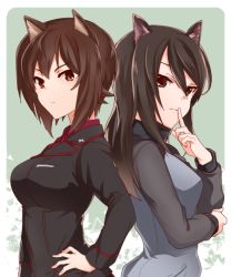 Rule 34 | animal ears, arm grab, back-to-back, black jacket, blue jacket, brown eyes, brown hair, closed mouth, dress shirt, finger to mouth, from side, girls und panzer, hand on own hip, insignia, jacket, keizoku military uniform, kemonomimi mode, kuromorimine military uniform, light frown, light smile, long sleeves, looking at viewer, mika (girls und panzer), military, military uniform, nakaya 106, nishizumi maho, no headwear, raglan sleeves, red shirt, shirt, short hair, standing, track jacket, uniform, upper body