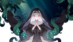 Rule 34 | 1girl, absurdres, air bubble, arknights, bubble, chinese commentary, commentary request, cthulhu mythos, highres, lips, long hair, looking at viewer, nail polish, no.9 yualuodesi mimitongxinzhong, nun, out of frame, own hands together, parted lips, praying, red eyes, shaded face, smile, solo, specter (arknights), sunlight, teeth, tentacles, underwear, water