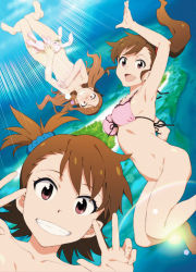 Rule 34 | 3girls, :d, armpits, barefoot, bikini, bikini top only, blush, bottomless, breasts, brown hair, clenched teeth, collarbone, covering privates, covering breasts, covering crotch, double v, embarrassed, falling, futami ami, futami mami, grin, idolmaster, idolmaster (classic), island, long hair, looking at viewer, medium breasts, minase iori, multiple girls, navel, nude, ocean, open mouth, purple eyes, short hair, siblings, side ponytail, sisters, small breasts, smile, stuffed animal, stuffed rabbit, stuffed toy, sunlight, swimsuit, takemura sessyu, teeth, twins, upside-down, v, w, water, waving