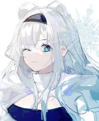 Rule 34 | 1girl, animal ears, arknights, aurora (arknights), bear ears, black hairband, blue eyes, commentary request, hairband, highres, long hair, looking at viewer, one eye closed, qianzhu, silver hair, smile, solo, upper body