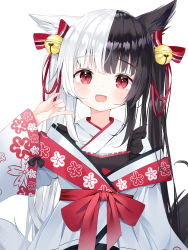 Rule 34 | 1girl, :d, \m/, alice mana, alice mana channel, animal ear fluff, animal ears, bell, black hair, blush, bow, deyui, fangs, hair bell, hair bow, hair ornament, hand up, heart, highres, japanese clothes, jingle bell, kimono, long hair, looking at viewer, multicolored hair, open mouth, red bow, red eyes, simple background, smile, solo, striped, striped bow, tail, twintails, two-tone hair, very long hair, virtual youtuber, white background, white hair, white kimono