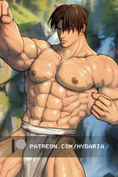 Rule 34 | 1boy, abs, bara, brown hair, bulge, clenched hands, cowboy shot, frown, guy (final fight), hydaria, large pectorals, loincloth, looking at viewer, male focus, muscular, muscular male, navel, nipples, outstretched arm, paid reward available, pectorals, pelvic curtain, short hair, shredded muscles, sideburns, sideways glance, solo, stomach, street fighter, topless male, training, water, waterfall, watermark