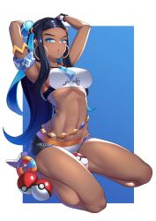 Rule 34 | 1girl, adjusting hair, arched back, armlet, armpits, arms behind head, belly chain, between thighs, bikini, black hair, blue eyes, blue hair, breasts, clothes writing, covered erect nipples, creatures (company), dark-skinned female, dark skin, daydream (zhdkffk21), earrings, eyeshadow, full body, game freak, gloves, gym leader, hair ornament, highres, hoop earrings, jewelry, long hair, looking at viewer, makeup, medium breasts, multicolored hair, navel, necklace, nessa (pokemon), nintendo, parted lips, pokemon, pokemon swsh, seiza, shoes, single glove, sitting, sneakers, solo, stomach, swimsuit, tankini, thighs, very long hair