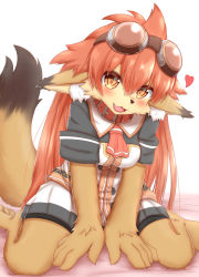 Rule 34 | 1girl, animal ear fluff, animal ears, animal hands, animal nose, blush, breasts, collar, fox ears, fox tail, furry, furry female, goggles, goggles on head, hair between eyes, heart, highres, horokusa (korai), long hair, looking at viewer, medium breasts, muzzle, necktie, red hair, red necktie, simple background, sitting, snout, tail, thick eyebrows, two-tone skirt, wariza, white background, yellow eyes
