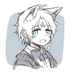 Rule 34 | 1boy, ahoge, animal ear fluff, animal ears, blouse, blue bow, blue bowtie, bow, bowtie, braid, commentary request, earrings, extra ears, fox boy, fox ears, green eyes, grey jacket, hololive, jacket, jewelry, looking at viewer, open clothes, open jacket, personification, shirakami fubuki (artist), shirt, single braid, sketch, sukonbu (shirakami fubuki), virtual youtuber, white hair, white shirt