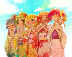 Rule 34 | 10s, 3:, 5girls, :d, ;), aoki reika, blonde hair, blue hair, blush, candy (smile precure!), closed eyes, green eyes, green hair, hairband, hino akane (smile precure!), hoshizora miyuki, japanese clothes, kimono, kise yayoi, kuzumochi, long hair, looking at viewer, midorikawa nao, multiple girls, new year, one eye closed, open mouth, own hands together, pink hair, ponytail, praying, precure, rainbow order, red hair, red hairband, smile, smile precure!, wink, yellow eyes