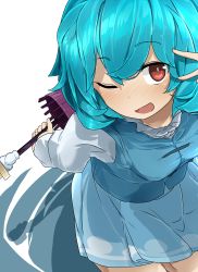 Rule 34 | 1girl, ;d, arm behind back, blue hair, blue skirt, blush, breasts, cowboy shot, highres, holding, long sleeves, looking at viewer, medium breasts, nose blush, one eye closed, open mouth, red eyes, short hair, skirt, smile, solo, tatara kogasa, touhou, tyouseki, v, v over eye