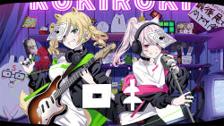Rule 34 | 2girls, animal ear fluff, animal ears, black choker, black jacket, black nails, black pantyhose, blonde hair, breasts, choker, collarbone, commentary request, copyright request, electric guitar, green hair, grey hair, grin, guitar, headphones, headphones around neck, highres, holding, holding instrument, holding microphone, holding plectrum, instrument, jacket, long sleeves, medium breasts, microphone, microphone stand, multicolored hair, multiple girls, nail polish, natsume eri, neon lights, off shoulder, open clothes, open jacket, pantyhose, pink hair, plectrum, ponytail, puffy long sleeves, puffy sleeves, shirt, smile, streaked hair, twintails, white shirt