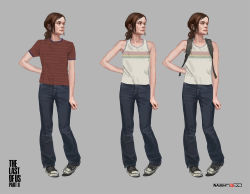 Rule 34 | 1girl, alternate costume, ashley swidowski, backpack, bag, breasts, brown hair, collarbone, concept art, denim, ellie (the last of us), eyebrow cut, grey background, jeans, low ponytail, official art, pants, shirt, shoes, small breasts, sneakers, striped clothes, striped shirt, t-shirt, tank top, the last of us (series), the last of us 2