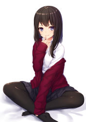 Rule 34 | 1girl, black hair, black pantyhose, black skirt, blush, collarbone, finger to mouth, highres, jacket, long hair, long sleeves, looking at viewer, miniskirt, nishino eri, no shoes, off shoulder, open clothes, open jacket, original, pantyhose, parted lips, purple eyes, red jacket, shirt, simple background, sitting, skirt, sleeves past wrists, smile, solo, white background, white shirt