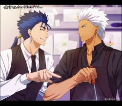 Rule 34 | 2boys, akujiki59, apron, archer (fate), blue hair, blush, brown apron, closed mouth, collared shirt, commentary request, cu chulainn (fate), cu chulainn (fate/stay night), closed eyes, fate (series), grin, hair tubes, holding, indoors, long sleeves, looking at another, male focus, multiple boys, necktie, official alternate costume, official style, orange eyes, pointing, ponytail, shirt, short hair, short sleeves, smile, teeth, vest, white hair, white shirt