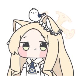 Rule 34 | 1girl, :3, absurdly long hair, animal, animal ear fluff, animal ears, animal on head, bird, blonde hair, blue archive, blue necktie, blush stickers, buttons, chamsheol, chibi, chibi only, closed mouth, cross halo, detached sleeves, dress, forehead, fox ears, halo, korean commentary, long hair, long sleeves, looking at viewer, necktie, on head, parted bangs, seia (blue archive), short necktie, sidelocks, simple background, sleeveless, sleeveless dress, smile, solo, turtleneck, turtleneck dress, upper body, very long hair, white background, white bird, white dress, white sleeves, wide sleeves, yellow eyes, yellow halo