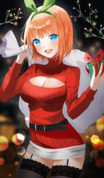 Rule 34 | 1girl, absurdres, belt, black belt, black thighhighs, blue eyes, blurry, blurry background, breasts, christmas, cleavage, cleavage cutout, clothing cutout, commentary, cowboy shot, dress, garter straps, gift, go-toubun no hanayome, green ribbon, hair ribbon, highres, holding, holding gift, holding sack, lace, lace-trimmed legwear, lace trim, long sleeves, looking at viewer, medium breasts, nakano yotsuba, open mouth, orange hair, red dress, red sweater, ribbed sweater, ribbon, sack, short hair, smile, solo, sweater, syuma, teeth, thighhighs, turtleneck, turtleneck sweater, upper teeth only