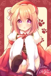 Rule 34 | 1girl, :o, animal ears, beret, black footwear, black vest, blush, bow, bowtie, commentary request, dog ears, dog girl, dog tail, gochuumon wa usagi desu ka?, hair between eyes, haru ichigo, hat, hoto cocoa, light brown hair, long hair, looking at viewer, mary janes, panties, pantyshot, parted lips, paw print, puffy short sleeves, puffy sleeves, purple eyes, red hat, red skirt, shirt, shoes, short sleeves, signature, sitting, skirt, solo, striped bow, striped bowtie, striped clothes, striped neckwear, tail, thighhighs, underwear, vest, white panties, white shirt, white thighhighs