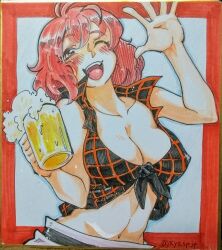 Rule 34 | 1girl, ;d, alcohol, beer, beer mug, black shirt, blush, breasts, cleavage, commentary request, covered erect nipples, cup, highres, holding, holding cup, horikawa raiko, large breasts, looking at viewer, mug, navel, nunnun (shunka shuutou), one eye closed, open mouth, plaid, plaid shirt, red eyes, red hair, shikishi, shirt, short hair, smile, solo, teeth, touhou, traditional media, twitter username, upper body, upper teeth only