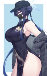 Rule 34 | 1girl, absurdres, bare shoulders, baseball cap, black dress, black hat, blue archive, blue eyes, blue hair, border, breasts, china dress, chinese clothes, commentary, cosplay, cowboy shot, dragon print, dress, groin, hair bun, hat, highres, huge breasts, kanta (kanta 077), kisaki (blue archive), kisaki (blue archive) (cosplay), long hair, looking at viewer, mask, mouth mask, off shoulder, outside border, print dress, saori (blue archive), sleeveless, sleeveless dress, solo, standing, thighs, very long hair, white border