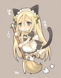 Rule 34 | animal ears, bell, blonde hair, broom, cat ears, cat girl, cat tail, chibi, claymore (series), collar, full body, long hair, maid, muted color, neck bell, ribbon-trimmed thighhighs, ribbon trim, solo, tail, thighhighs, v-shaped eyebrows, very long hair, white thighhighs, yuma (claymore)