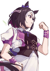 Rule 34 | 1girl, absurdres, animal ears, belt, black vest, brown hair, clenched hands, colored inner hair, cropped jacket, hand up, highres, horse ears, horse girl, horse tail, jacket, looking afar, multicolored hair, neck ribbon, open mouth, puffy short sleeves, puffy sleeves, purple eyes, ribbon, short hair, short sleeves, sideways mouth, simple background, skirt, solo, special week (umamusume), tail, two-tone hair, umamusume, upper body, vest, white background, white jacket, white skirt, wrist cuffs, xiu kukkii