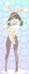 Rule 34 | 1girl, animal ears, artist name, bare arms, bare shoulders, blue eyes, breasts, brown hair, checkered background, choker, creatures (company), fake animal ears, full body, game freak, hair between eyes, heart, high heels, highres, leotard, looking at viewer, may (pokemon), nintendo, open mouth, pantyhose, playboy bunny, pokemon, pokemon rse, r3dfive, rabbit ears, ribbon choker, smile, solo, wrist cuffs