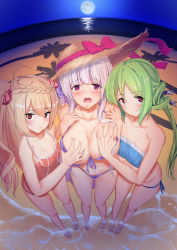 Rule 34 | 3girls, ahoge, azur lane, bare shoulders, bikini, blonde hair, blush, braid, breasts, cleavage, collarbone, comet (azur lane), commentary request, crescent (azur lane), cygnet (azur lane), cygnet (sea star on shore) (azur lane), full moon, green hair, hair ornament, hat, highres, large breasts, long hair, looking at viewer, moon, multiple girls, one-piece swimsuit, open mouth, palm tree, purple eyes, red eyes, ribbon, schreibe shura, single braid, small breasts, smile, sun hat, swimsuit, tree, twintails