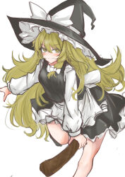 Rule 34 | 1girl, absurdres, apron, black dress, blonde hair, bow, braid, broom, broom riding, dress, frills, hat, hat bow, highres, kirisame marisa, kuraki, long hair, looking at viewer, side braid, simple background, smile, solo, touhou, very long hair, white background, white bow, witch hat
