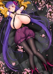 Rule 34 | 10s, 1girl, absurdres, armpits, arms up, belt, black footwear, black pantyhose, blush, bow, breasts, cherry blossoms, chumugi, cleavage, collar, collarbone, fate/extra, fate/extra ccc, fate/grand order, fate (series), flower, from above, gauntlets, hair bow, highres, huge breasts, long hair, looking at viewer, lying, o-ring, o-ring top, on back, pantyhose, pantyhose under shorts, parted lips, passionlip (fate), petals, purple bow, purple eyes, purple hair, revealing clothes, shorts, smile, solo, striped clothes, striped shorts, very long hair
