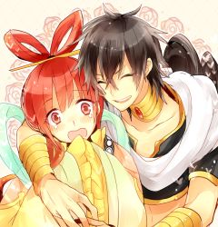 Rule 34 | 1boy, 1girl, black hair, blush, braid, chinese clothes, closed eyes, hair ornament, hair rings, hair stick, happy, jewelry, judal, long hair, lots of jewelry, magi the labyrinth of magic, neck ring, red eyes, red hair, ren kougyoku, single braid, smile, waltz (tram)