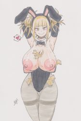 Rule 34 | 1girl, agi (gi60423540), animal ears, armpits, arms behind head, arms up, banknote, between breasts, black bow, black gloves, black leotard, black pantyhose, blonde hair, boku no hero academia, bow, breasts, colored pencil (medium), detached collar, double bun, elbow gloves, fake animal ears, gloves, hair bun, heart, highres, large areolae, large breasts, leotard, looking at viewer, money, nipples, object in clothes, object in panties, pantyhose, playboy bunny, rabbit, rabbit ears, short hair, signature, simple background, smile, solo, spoken heart, strapless, strapless leotard, sweat, thighband pantyhose, toga himiko, traditional media, tucked money, white background, yellow eyes